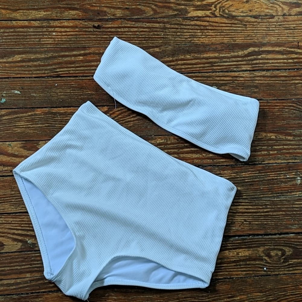 White ribbed high waisted bathing suit
